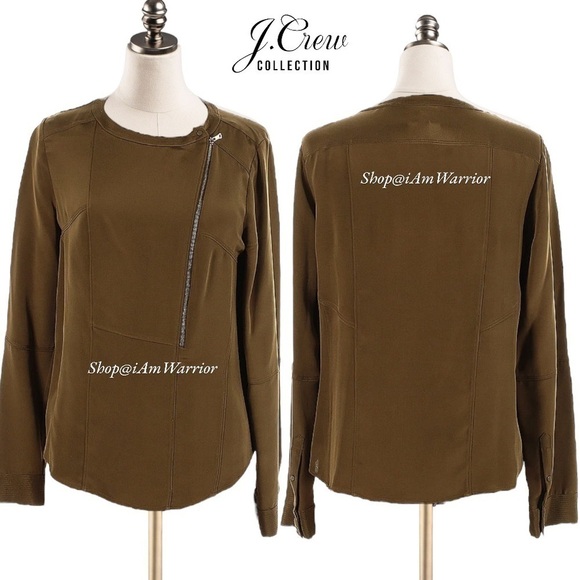 J.Crew Collection olive/brown luxe silk asymmetrical zip top *shop@iamwarrior - Picture 4 of 10